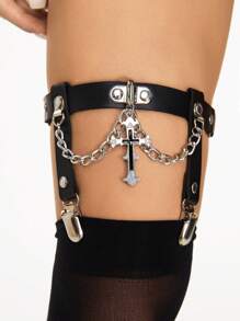 ROMWE 2pcs Women's Set Black Rhinestone Cross Chain Decoration Gothic Style Decorative Garter Leg Warmer, Daily Outfit - Black - View 1