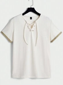 Manfinity Homme Men Contrast Trim Lace Up Front Tee & Shorts - White - View 8