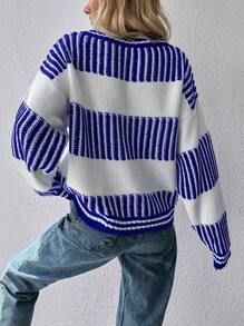 EURMUSE Striped Pattern Drop Shoulder Sweater - Royal Blue - View 2