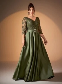 Plus Size Embroidered Lace Patchwork Satin Long Sleeve Dress With Crystal Buttons And Flared Hem, Bridesmaid Dress - 軍綠色 - 查看 4