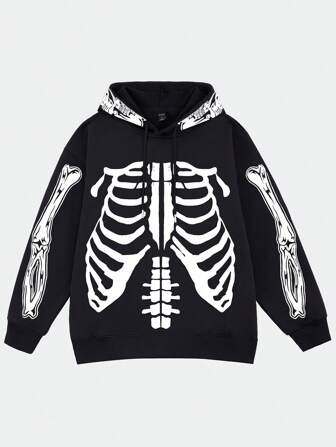 Grunge Punk Men's Retro Street Style Skeleton Graphic Print Hoodie Sweatshirt