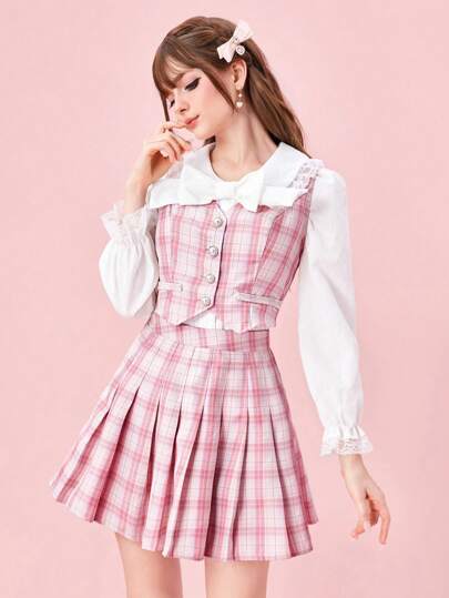 ROMWE Kawaii 女士休闲复古格子套装，带彼得潘领蝴蝶结衬衫和可爱蕾丝下摆裙子，学校