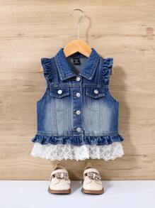 SHEIN Baby Girls' White Mesh Hem Denim Vest - Medium Wash - View 1