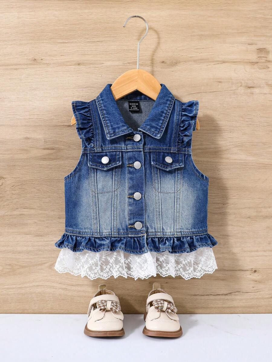 SHEIN Baby Girls' White Mesh Hem Denim Vest - Medium Wash - View 1