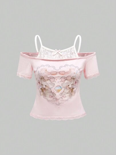 ROMWE Kawaii Women's Himekaji 2 In 1 Contrast Lace Cute Style Heart Bear & Lace Bow T-Shirt, School