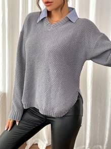 Chiquease Women V-Neck Long Sleeve Plain Casual Split Hem Pullover Sweater Knit Pullover Fall Winter Outfit