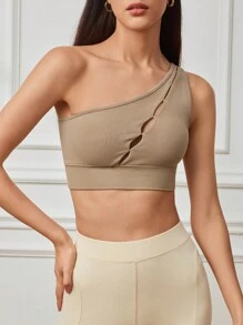 Easithlete Reggiseno sportivo corto semplice da donna con collo asimmetrico, senza maniche e color unito - Castano - Visualizzare 5