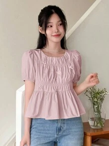 DAZY 女式纯色圆领短袖蝴蝶结装饰褶皱休闲衬衫、短袖上衣、荷叶边