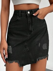 EURMUSE Women Summer Distressed Denim Skirt - Hitam - View 4