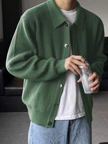 Cárdigan holgado de punto liso para hombre, jersey informal de manga larga con botones, elástico y transpirable con cuello - Verde - Ver 1