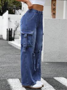 SHEIN Essnce 女式纽扣腰带环口袋系带设计直腿休闲牛仔裤