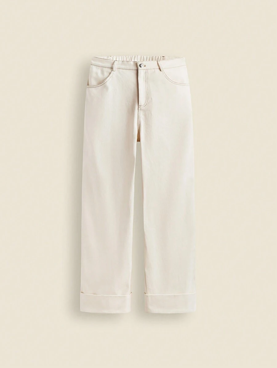 THE HAPPY LOOK Teen Boys' Solid Color Woven Twill Fabric Contrast Trim Insert Pocket Turnup Hem Casual Basic Straight Leg Pants, Autumn/Winter