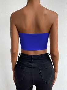 Chiquease Áo crop top quây lưng màu trơn cho nữ - Xanh đậm - Xem 2