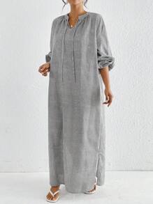 Mulvari Women Striped Print Casual Arabic Style Dress, Modest Long Sleeve Dress Perfect For Beach/Casual/Vacation/Homewear/Daily Wear