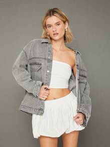 WESTFADE Premium 91% Cotton Denim Oversized Boyfriend Jacket  - Grey - View 5
