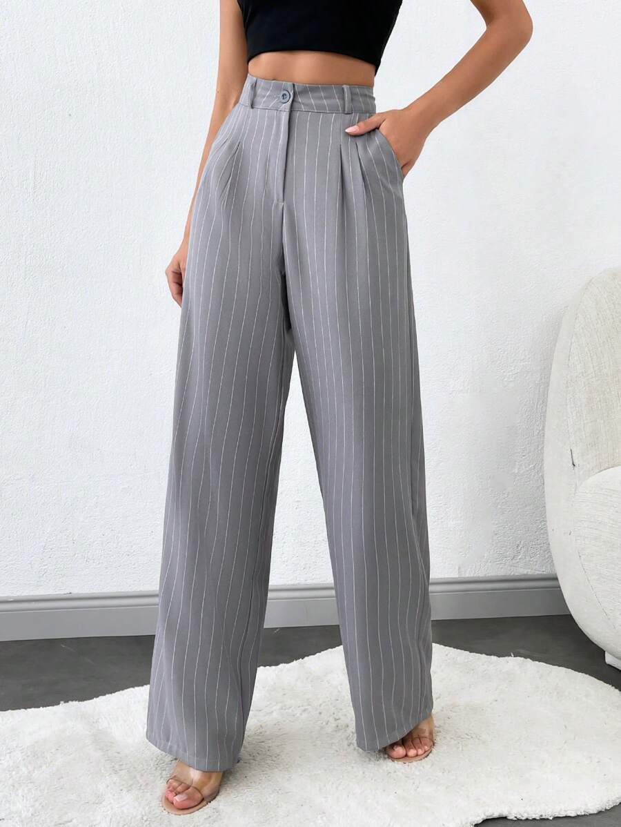SHEIN Tall Pantalones de traje a rayas de pierna ancha para personas altas - Gris Claro - Ver 1