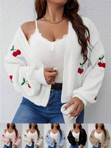 Vionelle Áo len cardigan hở vai tay dài thêu họa tiết quả anh đào trắng cỡ lớn dành cho nữ, Thu/Đông - trắng - Xem 1