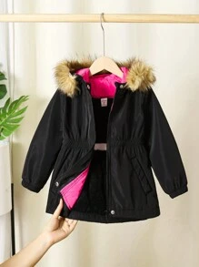 Young Girl Casual Patchwork Polar Fleece Hooded Jacket With Drawstring, Thick Warm Padded Coat - Multicolor - View 1