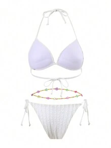 SHEIN Swim Conjunto de bikini halter simple para mujer y conjunto de bikini (color de la cadena de cintura al azar) para playa de verano - Blanco - Ver 6