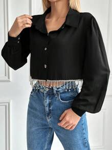 Cloudara Camisa Feminina Com Botões Manga Lanterna Em Cor Sólida - Preto - Ver 3