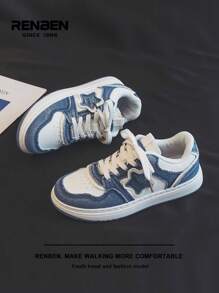 RENBEN 1 par Zapatos de patinaje y mezclilla con parches para mujer, con patrón de estrella vintage desgastado, casuales y cómodos