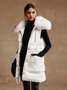 Anewsta Women's Elegant Faux Fur Collar Mid-Long Cotton Padded Jacket, Autumn/Winter