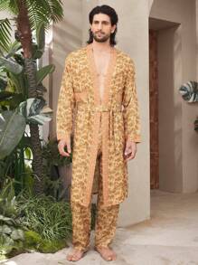 男士两件套家居服套装，系扣长袖上衣，腰带，全身印花休闲裤 - 彩色 - 查看 4