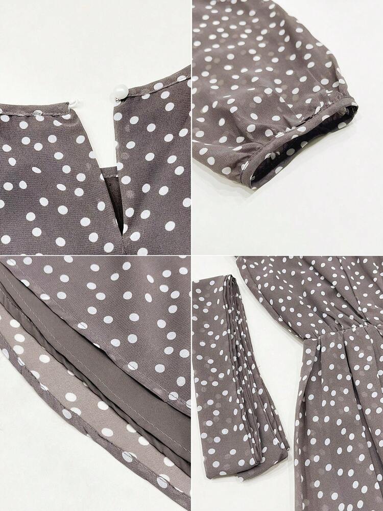 PoPoHouse Women's Elegant Summer Ditsy Floral Dress, Lantern Sleeve Round Neck, Vacation Wear, Spring/Summer Polka Dot