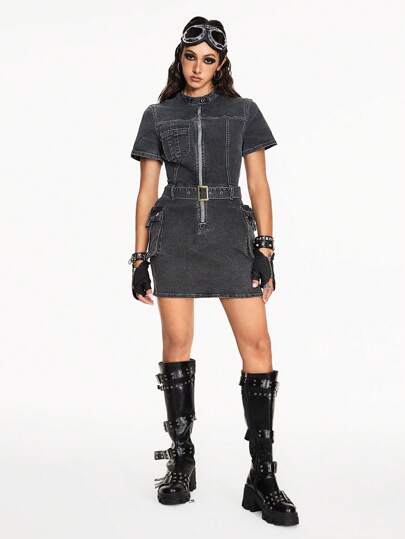 Grunge Punk Functional Punk Style Side Pocket Waist Cinched Denim Jumpsuit Dress, School