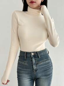 DAZY Women's Solid Color Turtleneck Long Sleeve Casual T-Shirt With Thermal Lined, Autumn Thermal Lined Thermal Lined,Winter - White - View 3