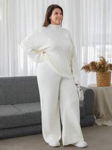 EURMUSE Plus Size Women Pearl Detailed Sweater Two Pieces Sets, For Winter