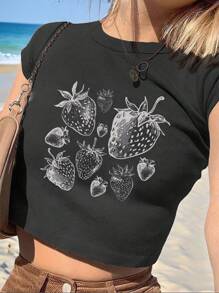 SHEIN EZwear 休闲简约草莓印花圆领短袖短款紧身女士T恤，适合夏季 - 黑色 - 查看 1