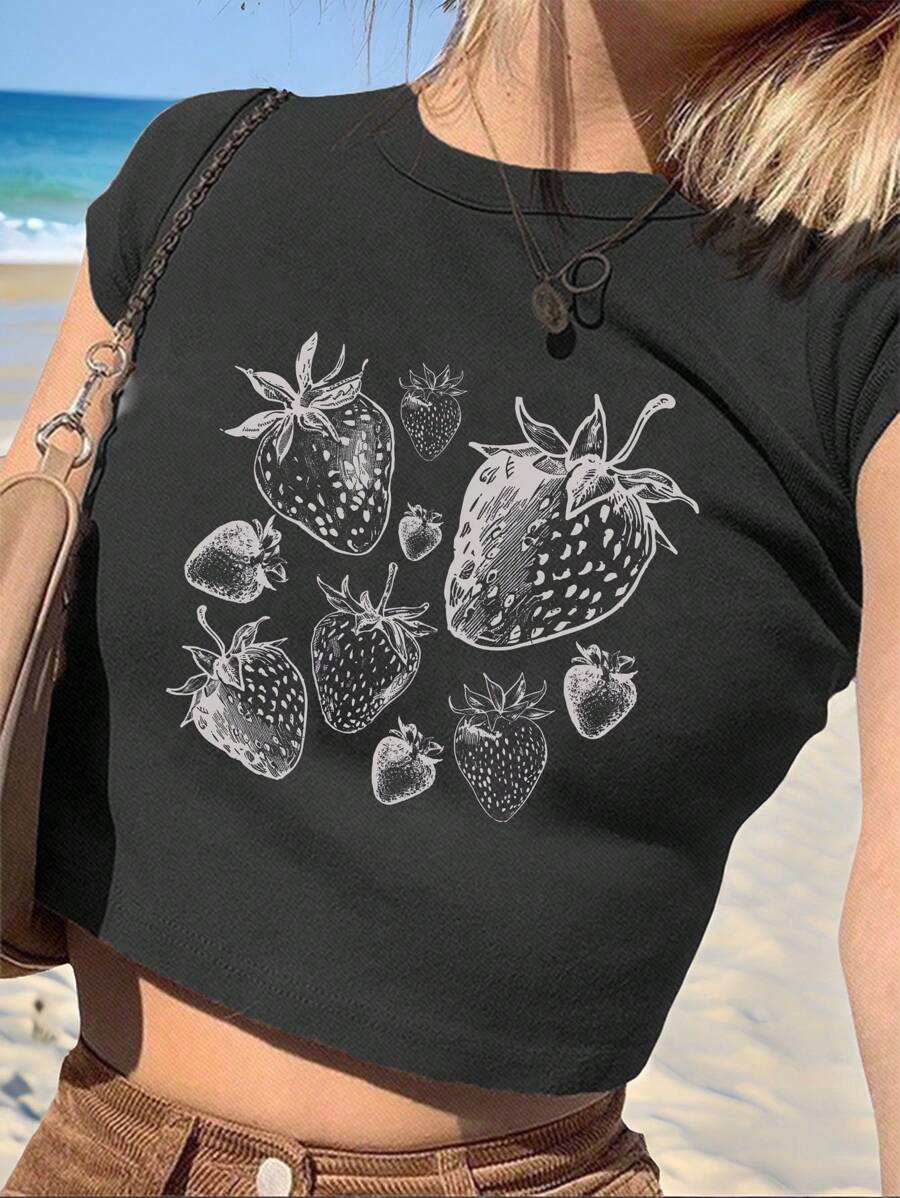 SHEIN EZwear 休闲简约草莓印花圆领短袖短款紧身女士T恤,适合夏季 - 黑色 - 查看 1