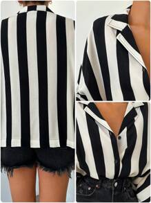 EURMUSE 100%Cotton Striped Print Batwing Sleeve Shirt - Black and White - View 7