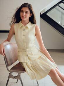 MOTF STUDIO TWEED FLAP DETAIL BUCKLE BELTED PLEATED HEM SHORT DRESS