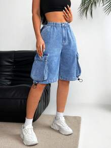 SHEIN EZwear Women's Front Button Multiple Pockets Solid Color Denim Shorts, Casual Daily Wear