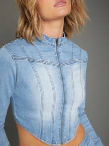 WESTFADE Winter Jacket Premium Cotton Denim Stretch Cute Moto Seams Jacket - Blue - View 1