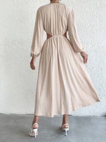 EURMUSE Petite Cut Out Waist Lantern Sleeve Dress - Camel - View 2