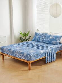 4 件套蓝白叶花朵图案床单套件易护理超细纤维柔软床上用品套件床笠套件（1 件床单 + 1 件床笠 + 2 件枕套） - 藍色 - 查看 2