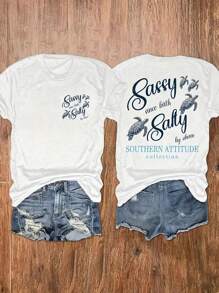 INAWLY 女士夏季标语和海龟印花圆领短袖休闲 T 恤 - 白色 - 查看 1