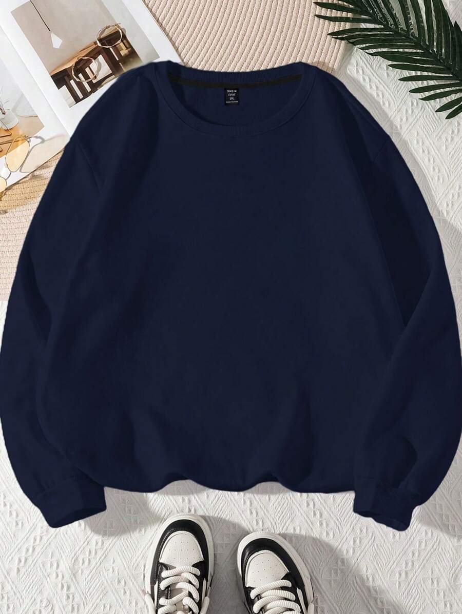 Flirla Plus Size Women's Solid Round Neck Thermal Lined Sweatshirt, For Winter , Graduation, Teachers For Women, Back To School Pullover Fall Autumn - Navy Blue - View 1