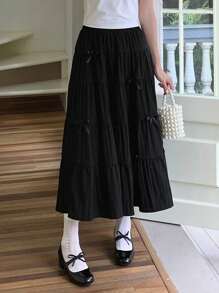 DAZY 女士层叠荷叶边蝴蝶结下摆优雅时尚A字裙 - 黑色 - 查看 3