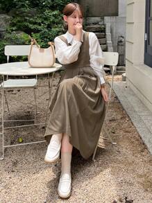 DAZY Đầm dài xếp ly kiểu dáng thường ngày, dây đeo bản rộng, trang trí nơ dành cho nữ. - Lạc đà - Xem 4