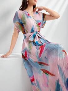 Mulvari 女士夏季漸變印花重疊V領蝙蝠短袖長款優雅連衣裙 - 紫色 - 查看 1