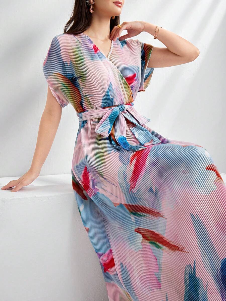 Mulvari 女士夏季漸變印花重疊V領蝙蝠短袖長款優雅連衣裙 - 紫色 - 查看 1