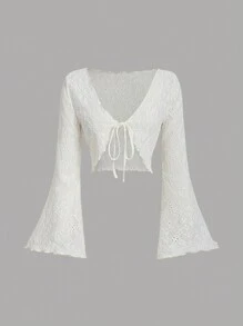 SHEIN MOD Retro V-Neck Cropped Bell Sleeve Tie-Up Cardigan For Women