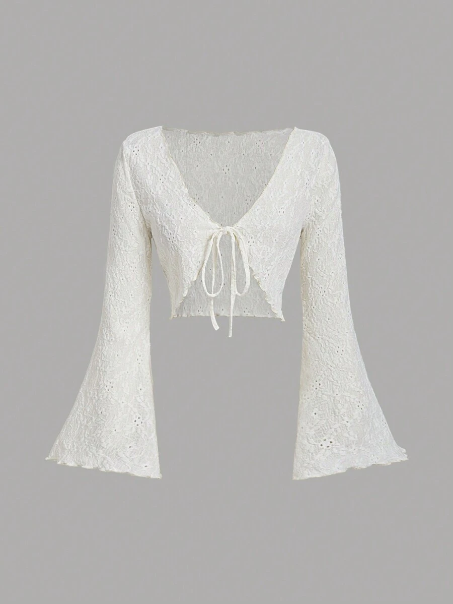 SHEIN MOD Retro V-Neck Cropped Bell Sleeve Tie-Up Cardigan For Women