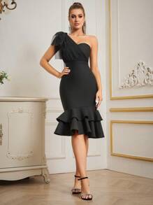 Zolique Black Asymmetrical Neck Mesh Floral Trim Cocktail Dress