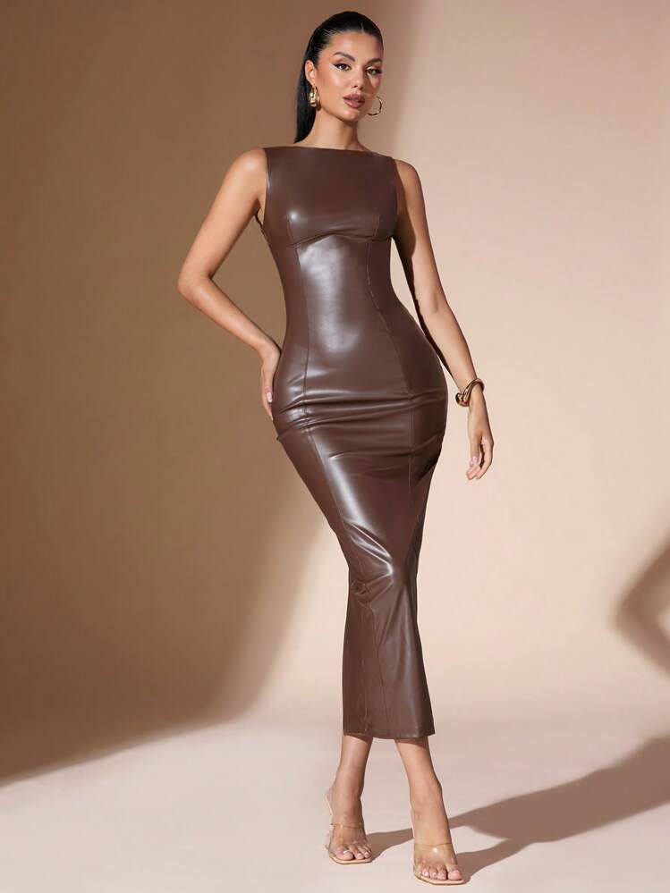 SHEIN BAE Vestido Tubinho de Couro PU sem Mangas para Mulheres - Café - Visão 4