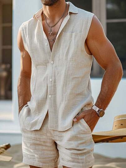 Manfinity Dauomo Juego de mezcla de lino para hombre, 2 piezas, camiseta sin mangas y pantalones cortos con cordón para playa, estilo hippie